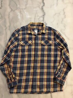 Patagonia 💯 % Organic Cotton Plaid Shirt - Navy, Yellow & Orange Accent